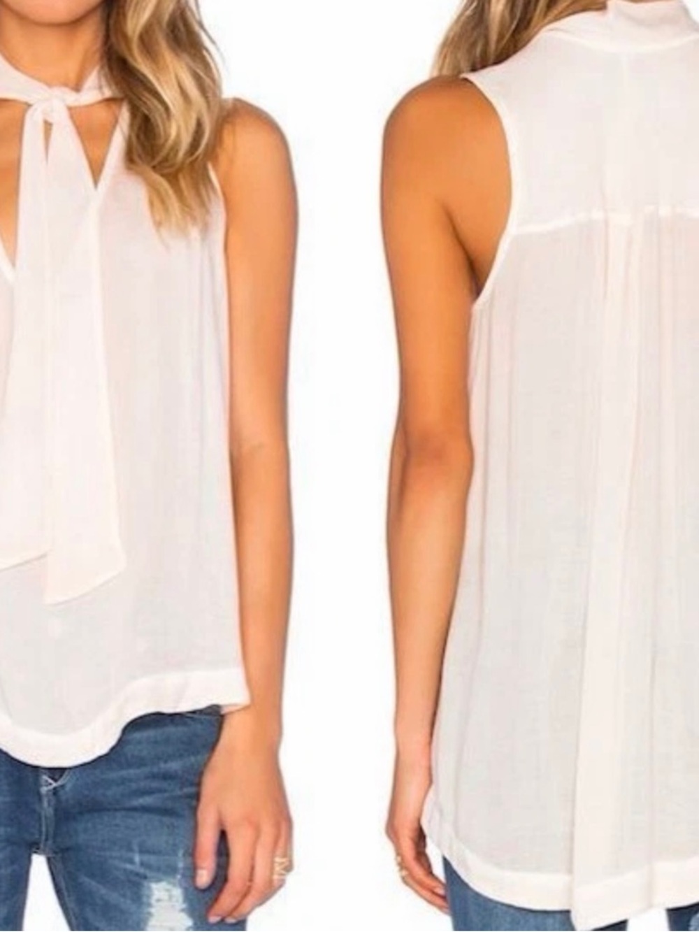 Free People Cream Sheer Tie Neck Blouse XS Boho Flowy Sleeveless Top - Picture 8 of 8